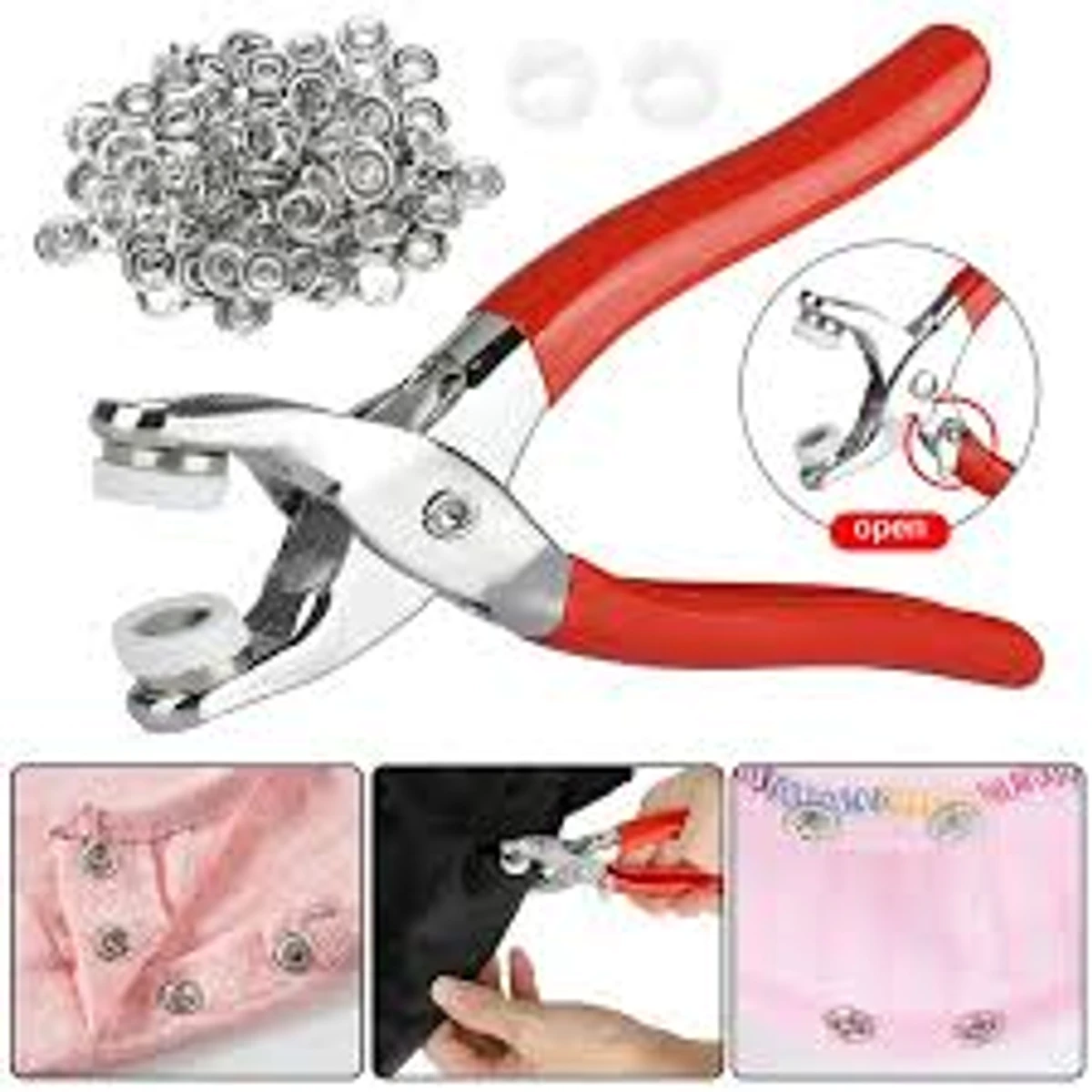 Hand pressure pliers prong sanp button.