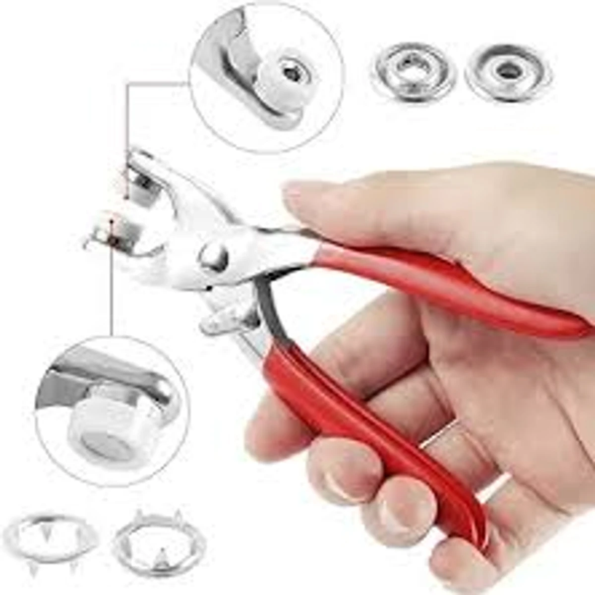 Hand pressure pliers prong sanp button.